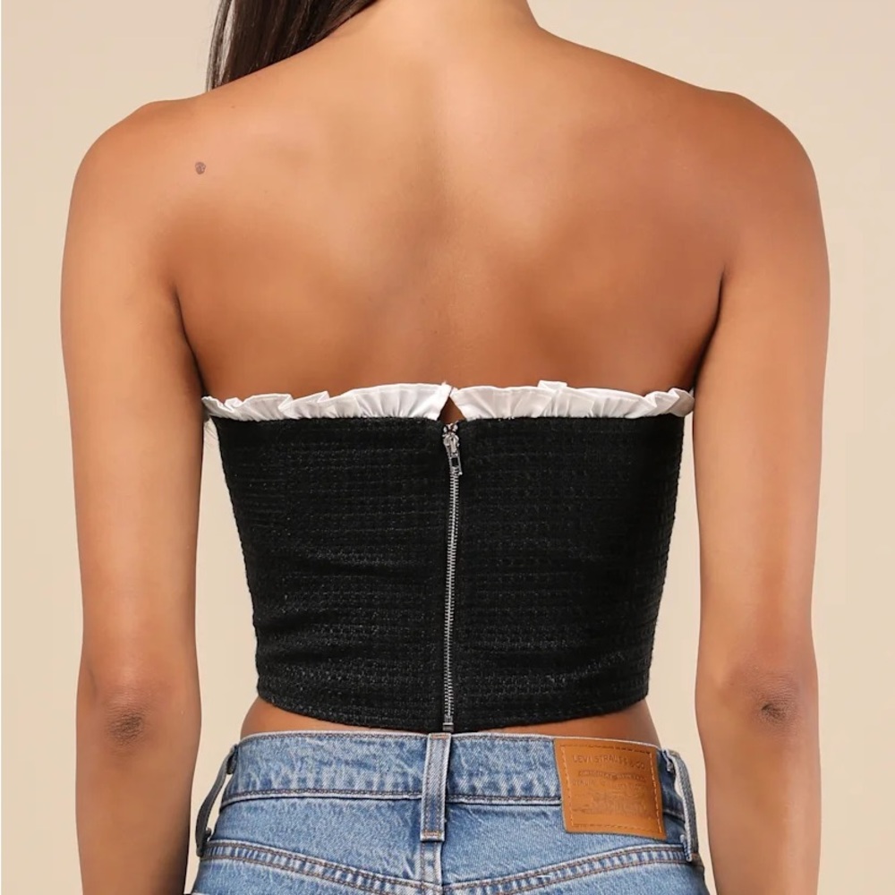 NEW Black Tweed Bustier Ruffled Crop Top - Picture 3 of 5